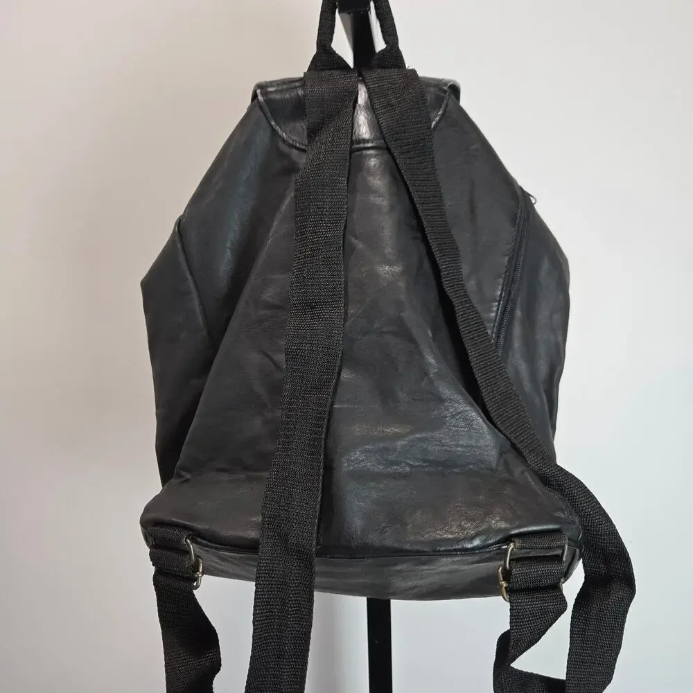 Du Monde Black Faux Leather Cinch Top Backpack Full Size Commuter Travel‎
